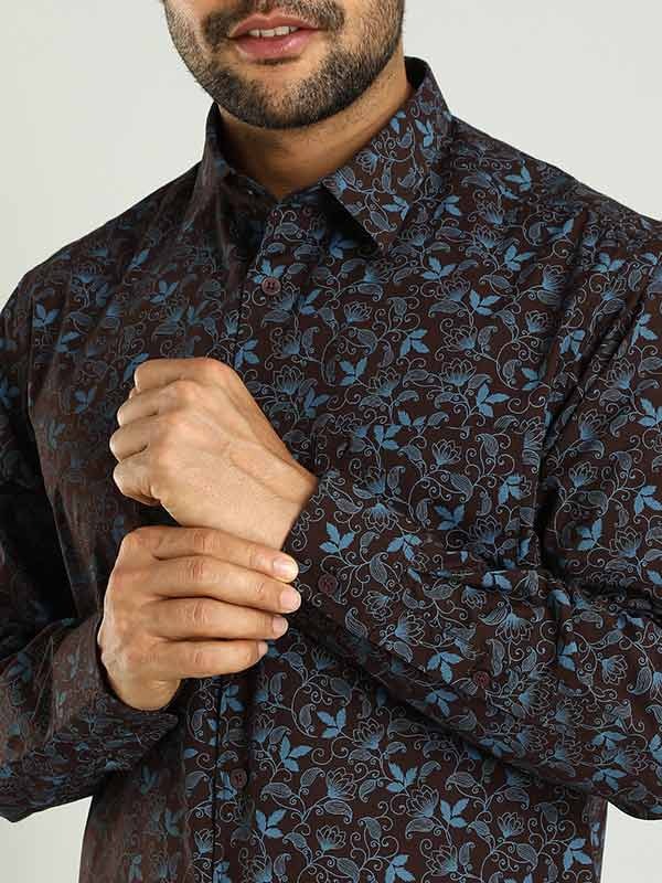 Indian Terrain Men's Regular Fit Full Sleeve Floral Print Dark Brown Shirt